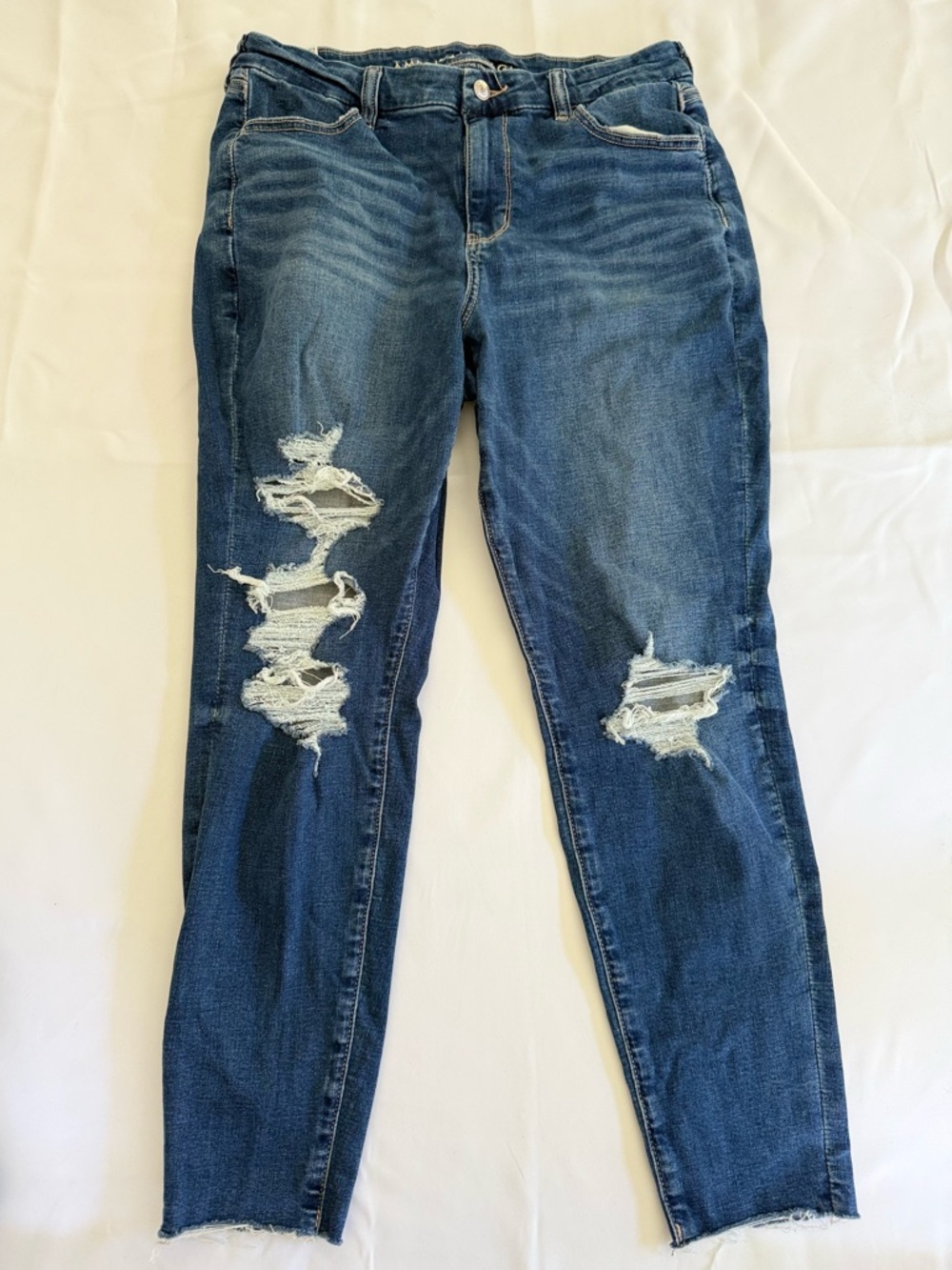 American Eagle Outfitters Dark Blue Distressed Curvy Hi-Rise Skinny Jeans 14S